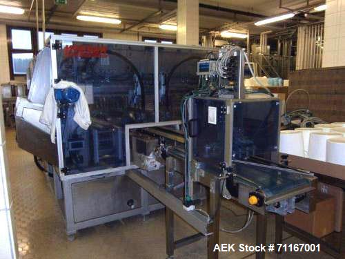 Used- Wieser Wrap Around Cartoner (for cups). Capacity 4 pieces or 25 pieces/carton. Including: weighing belt, belt conveyor...
