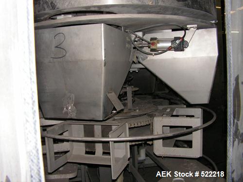 USED: Triangle model VCL1500 continuous motion vertical cartoner equipped with sift proof glue system which includes two Nordson 3800 glue tanks and a Nordson PC50 pattern controller, three head rota...