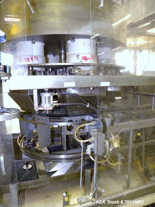 Used Yeaman Machine VCM-1000 Vertical Cartoner with 6 head volumetric cup fille