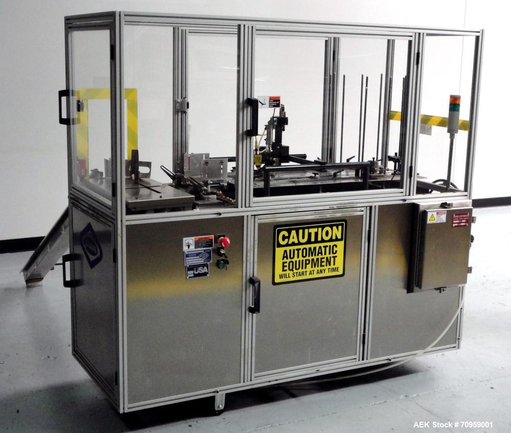 Used Bivans 54L Carton Former and Bottom Closer. Capable of speeds up to 60 cartons per minute. Has a carton size range: (Length) 1/2" - 8-7/8", (Width) 3/8"  - 7", (Depth) 1-1/8" - 14-1/16". Set up ...