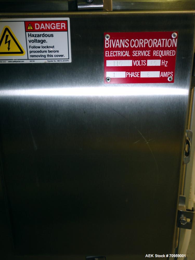 Used Bivans 54L Carton Former and Bottom Closer. Capable of speeds up to 60 cartons per minute. Has a carton size range: (Length) 1/2" - 8-7/8", (Width) 3/8"  - 7", (Depth) 1-1/8" - 14-1/16". Set up ...