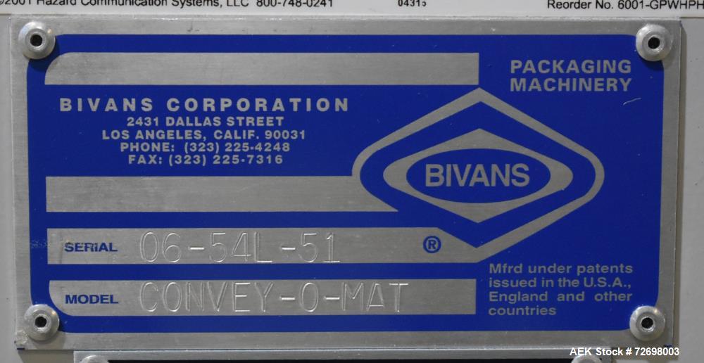 Used- Bivans 54L Carton Former and Bottom Closer. Capable of speeds up to 60 cartons per minute. Has a carton size range: (L...