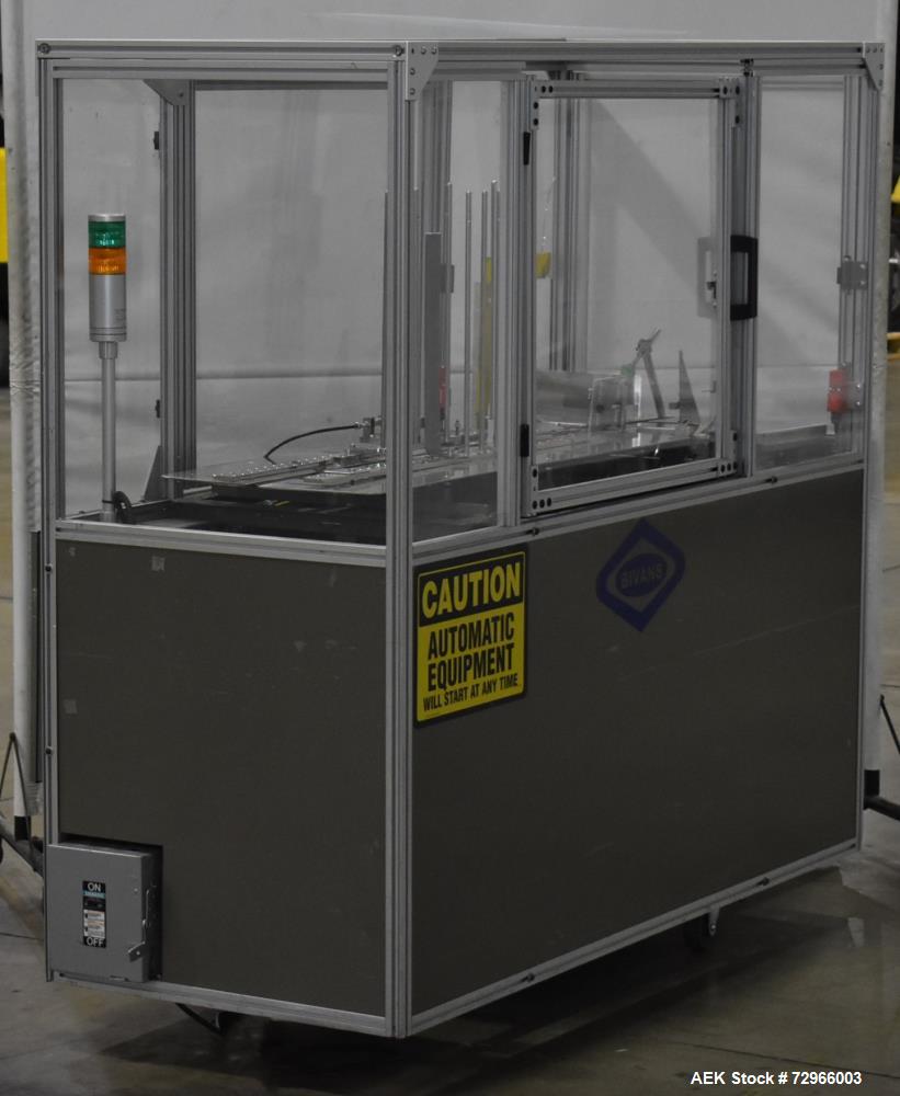 Used Bivans 54L Carton Former and Bottom Closer. Capable of speeds up to 60 cartons per minute. Has a carton size range:  1/2" - 8-7/8" (Length) x  3/8" - 7" (Width) x 1-1/8" - 14-1/16"  (Depth). Set...
