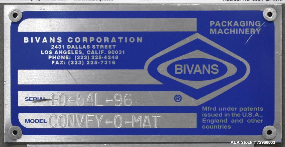 Used Bivans 54L Carton Former and Bottom Closer. Capable of speeds up to 60 cartons per minute. Has a carton size range:  1/2" - 8-7/8" (Length) x  3/8" - 7" (Width) x 1-1/8" - 14-1/16"  (Depth). Set...