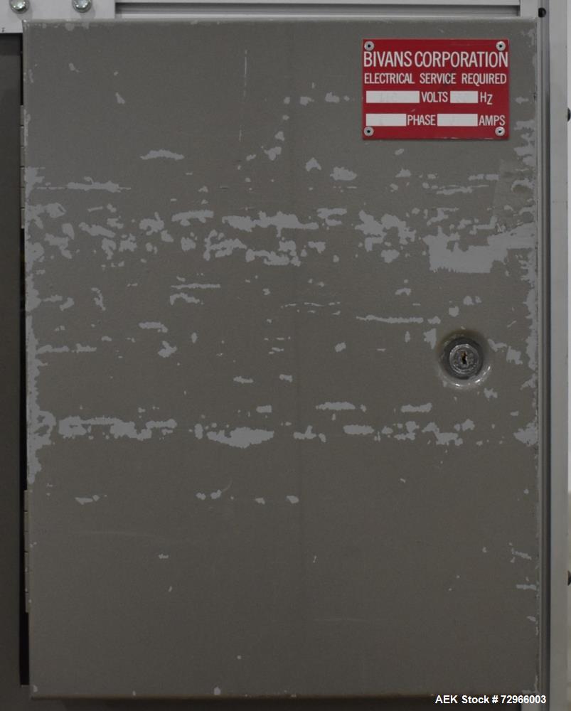 Used Bivans 54L Carton Former and Bottom Closer. Capable of speeds up to 60 cartons per minute. Has a carton size range:  1/2" - 8-7/8" (Length) x  3/8" - 7" (Width) x 1-1/8" - 14-1/16"  (Depth). Set...