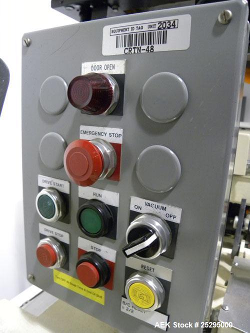 Used Bivans Vertuck Semi Automatic Vertical Cartoner, Model 74G. Capable of speeds up to 120 CPM. Has 6" centers for a carton size range: Length 7/8" - 5" x Width 3/4" - 3-1/2" x Depth/Height 2-1/4" ...