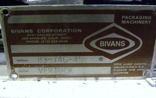 Used Bivans Vertuck Semi Automatic Vertical Cartoner, Model 74G. Capable of speeds up to 120 CPM. Has 6" centers for a carton size range: Length 7/8" - 5" x Width 3/4" - 3-1/2" x Depth/Height 2-1/4" ...