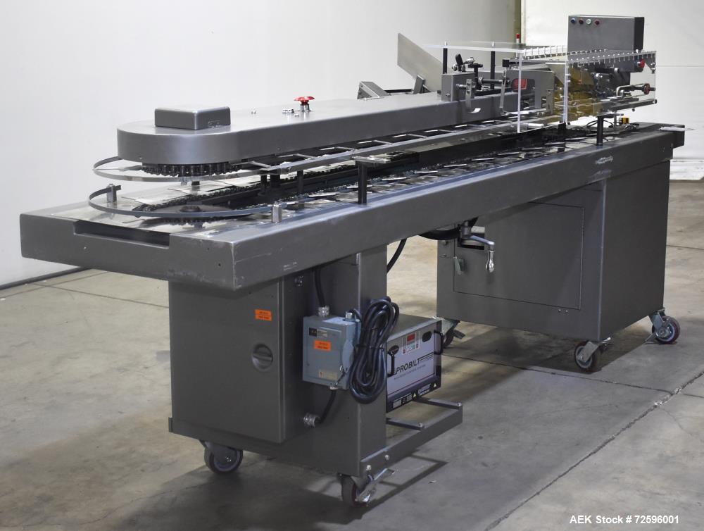 Used- Bivans Vertuck Model 74 Semi Automatic Vertical Cartoner. Capable of speeds up to 120 CPM. Has 6" centers for a carton...