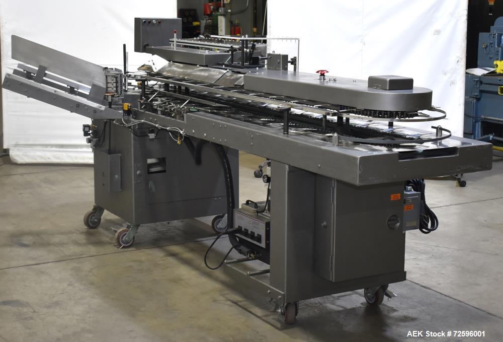 Used Bivans Vertuck Model 74 Semi Automatic Vertical Cartoner. Capable of speeds up to 120 CPM. Has 6" centers for a carton size range: 7/8" - 5" (length) x  3/4" - 3-1/2" (Width) x 2-1/4" - 10" (Dep...