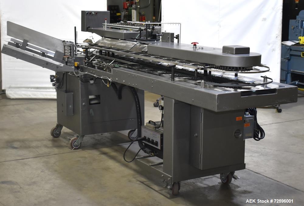 Used- Bivans Vertuck Model 74 Semi Automatic Vertical Cartoner. Capable of speeds up to 120 CPM. Has 6" centers for a carton...