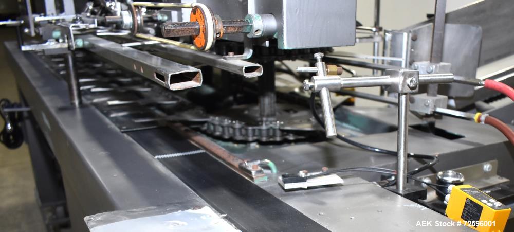 Used Bivans Vertuck Model 74 Semi Automatic Vertical Cartoner. Capable of speeds up to 120 CPM. Has 6" centers for a carton size range: 7/8" - 5" (length) x  3/4" - 3-1/2" (Width) x 2-1/4" - 10" (Dep...