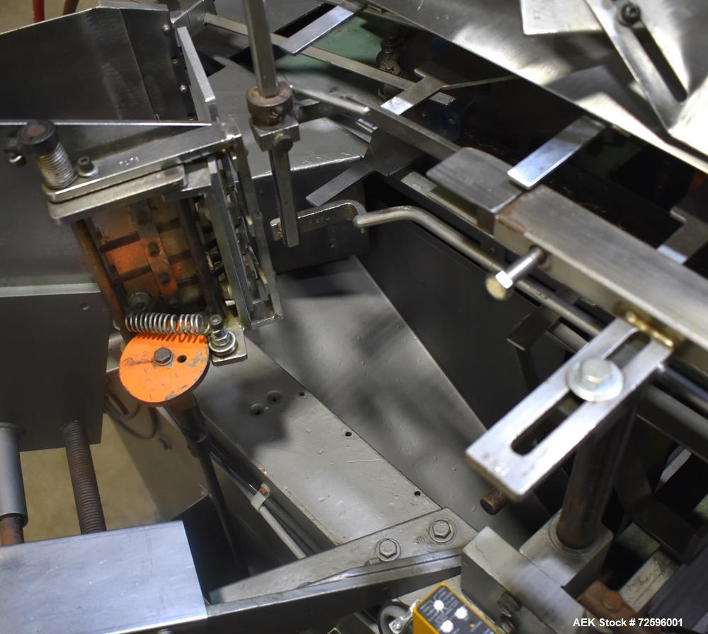 Used Bivans Vertuck Model 74 Semi Automatic Vertical Cartoner. Capable of speeds up to 120 CPM. Has 6" centers for a carton size range: 7/8" - 5" (length) x  3/4" - 3-1/2" (Width) x 2-1/4" - 10" (Dep...