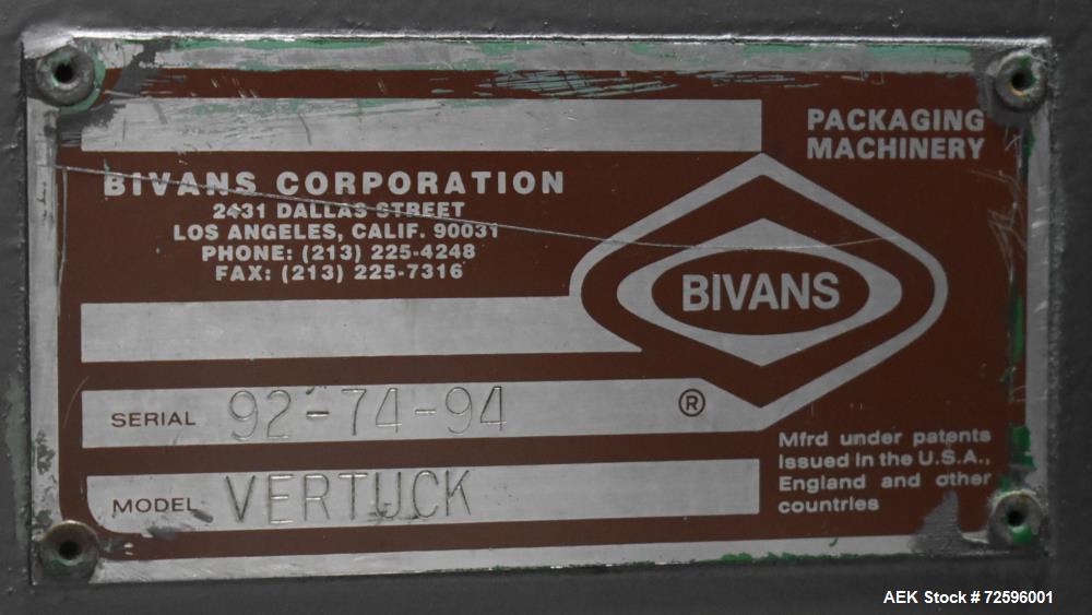 Used Bivans Vertuck Model 74 Semi Automatic Vertical Cartoner. Capable of speeds up to 120 CPM. Has 6" centers for a carton size range: 7/8" - 5" (length) x  3/4" - 3-1/2" (Width) x 2-1/4" - 10" (Dep...