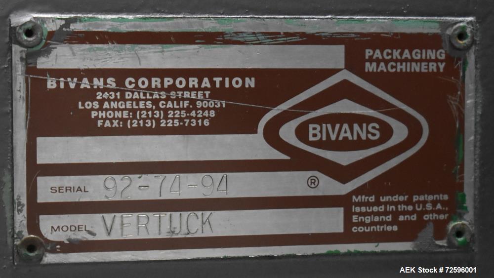 Used- Bivans Vertuck Model 74 Semi Automatic Vertical Cartoner. Capable of speeds up to 120 CPM. Has 6" centers for a carton...