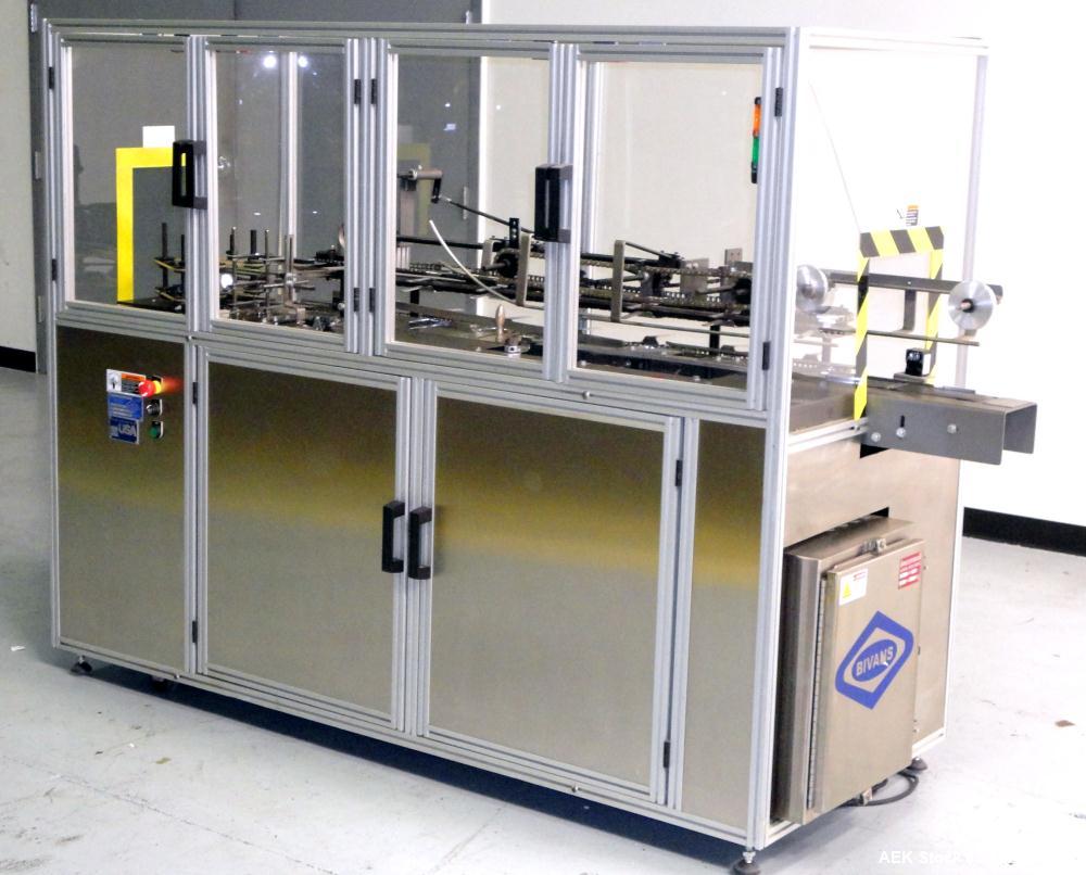 Used Bivans Model 82 Top Closer. Capable of speeds up to 60 cartons per minute. Has a carton size range: (Length) 7/8" to 5", (Width) 3/8" - 3-1/2", (Depth/Height) 1-1/4" to 12". Currently set up for...