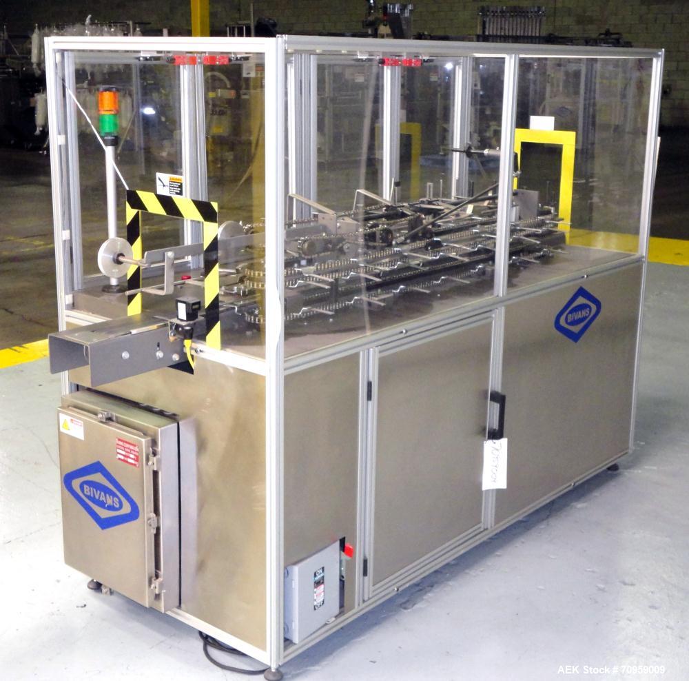 Used Bivans Model 82 Top Closer. Capable of speeds up to 60 cartons per minute. Has a carton size range: (Length) 7/8" to 5", (Width) 3/8" - 3-1/2", (Depth/Height) 1-1/4" to 12". Currently set up for...
