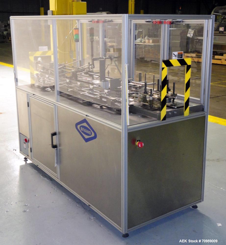 Used Bivans Model 82 Top Closer. Capable of speeds up to 60 cartons per minute. Has a carton size range: (Length) 7/8" to 5", (Width) 3/8" - 3-1/2", (Depth/Height) 1-1/4" to 12". Currently set up for...