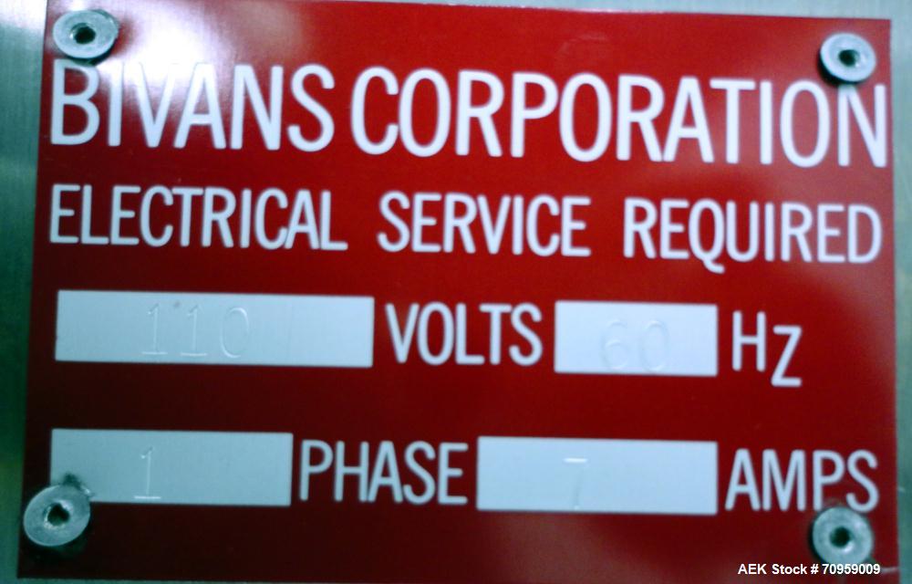 Used Bivans Model 82 Top Closer. Capable of speeds up to 60 cartons per minute. Has a carton size range: (Length) 7/8" to 5", (Width) 3/8" - 3-1/2", (Depth/Height) 1-1/4" to 12". Currently set up for...