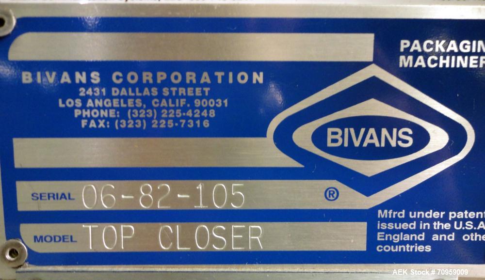 Used Bivans Model 82 Top Closer. Capable of speeds up to 60 cartons per minute. Has a carton size range: (Length) 7/8" to 5", (Width) 3/8" - 3-1/2", (Depth/Height) 1-1/4" to 12". Currently set up for...