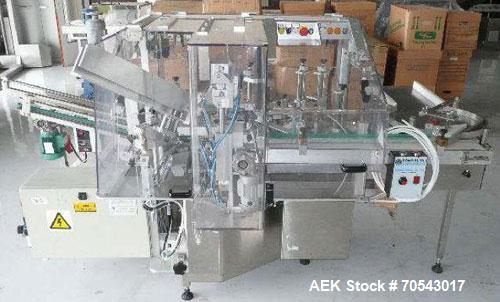 Used CMA Minicompact Vertical Vial Cartoner.  Maximum output 35 cartons/minute, vial diameter 1.8" - 2.6" (46 - 66 mm), vial height 3.2" - 5.6" (83 - 143 mm), carton sizes (LxWxH) 0.8" - 4.7" (20 - 1...