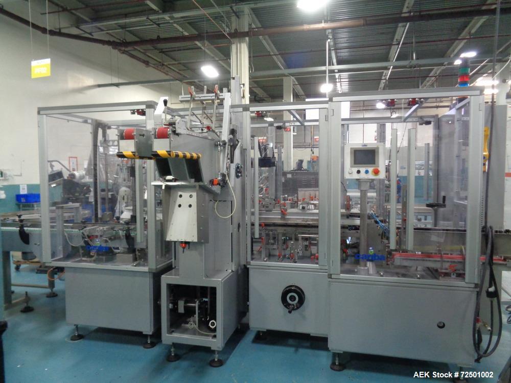 Used Cariba Model C230 Automatic intermittant motion vertical cartoner with robotic loader for bottles/jars. Capable of speeds up to 70 cartons per minute. Carton size range: 25mm - 150mm (length) x ...