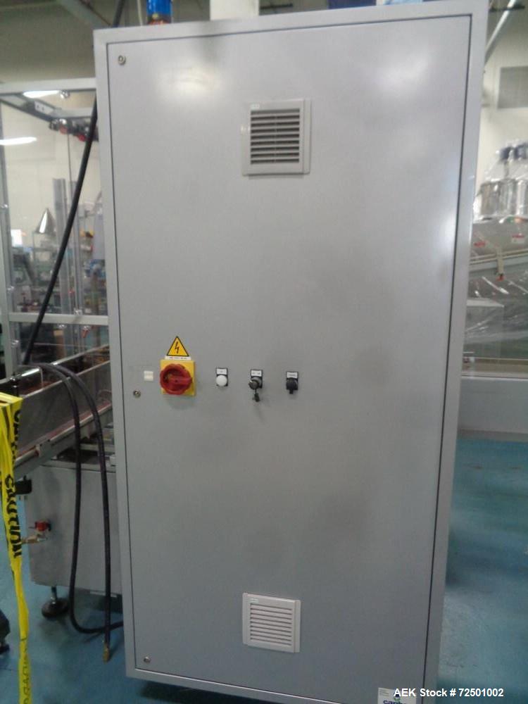 Used Cariba Model C230 Automatic intermittant motion vertical cartoner with robotic loader for bottles/jars. Capable of speeds up to 70 cartons per minute. Carton size range: 25mm - 150mm (length) x ...