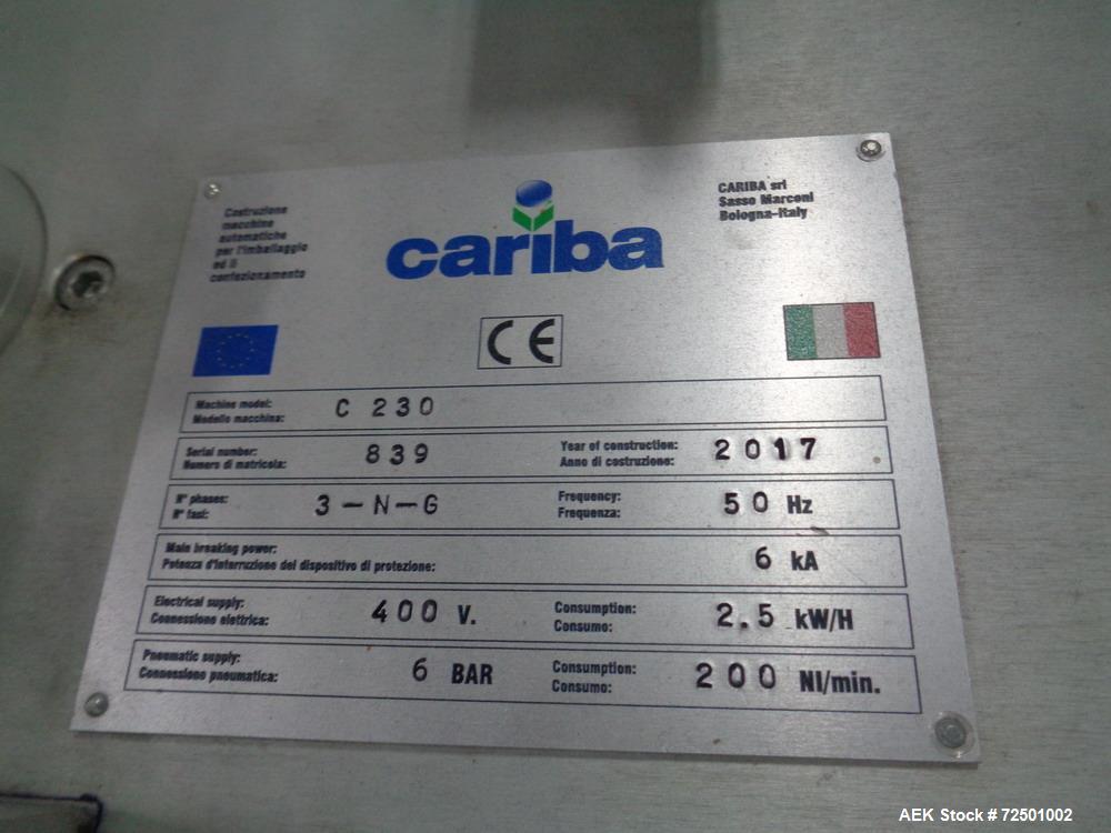 Used Cariba Model C230 Automatic intermittant motion vertical cartoner with robotic loader for bottles/jars. Capable of speeds up to 70 cartons per minute. Carton size range: 25mm - 150mm (length) x ...