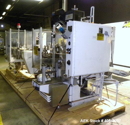 Used Jones Oystar Semi Automatic Vertical Cartoner, Model CMV. Capable of speeds up to 120 rpm. Has 5" centers for a carton size range: length 1" to 4-1/4", width 3/4" to 4-1/4", depth 2-1/8" to 8". ...