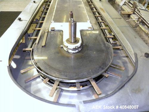 Used Jones Oystar Semi Automatic Vertical Cartoner, Model CMV. Capable of speeds up to 120 rpm. Has 5" centers for a carton size range: length 1" to 4-1/4", width 3/4" to 4-1/4", depth 2-1/8" to 8". ...