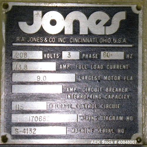 Used Jones Oystar Semi Automatic Vertical Cartoner, Model CMV. Capable of speeds up to 120 rpm. Has 5" centers for a carton size range: length 1" to 4-1/4", width 3/4" to 4-1/4", depth 2-1/8" to 8". ...