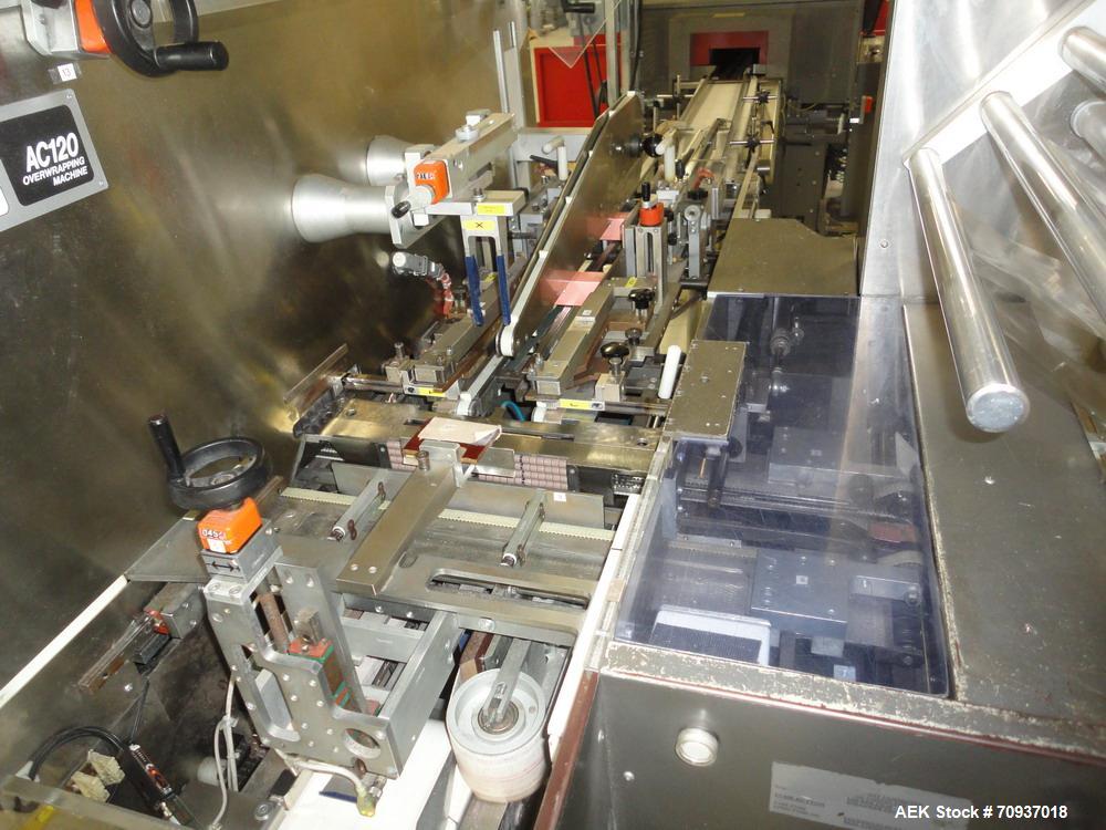 Used Jones CMV5 Semi Automatic Continuous Motion Vertical Tuck Cartoner. Capable of speeds up to 120 cpm. Has 5" centers for a carton size range: (Length) 1" - 4-1/4" (Width) 3/4" - 4-1/4" (Depth/Hei...