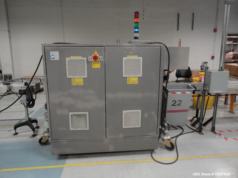 Used Jones CMV5 Semi Automatic Continuous Motion Vertical Tuck Cartoner. Capable of speeds up to 120 cpm. Has 5" centers for a carton size range: (Length) 1" - 4-1/4" (Width) 3/4" - 4-1/4" (Depth/Hei...