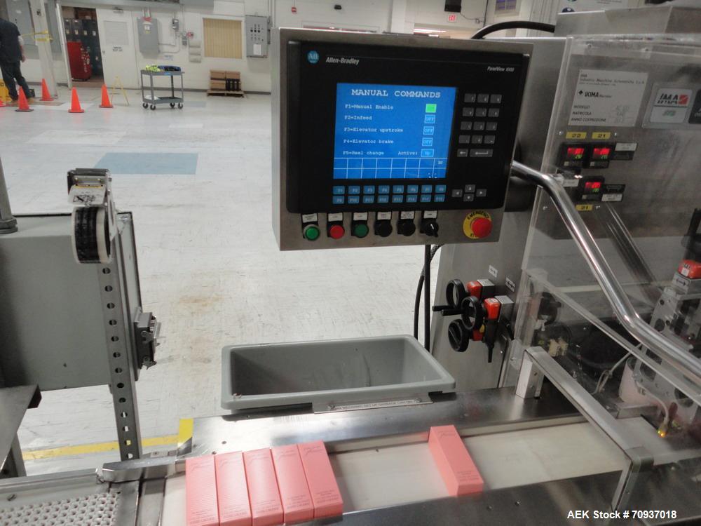 Used Jones CMV5 Semi Automatic Continuous Motion Vertical Tuck Cartoner. Capable of speeds up to 120 cpm. Has 5" centers for a carton size range: (Length) 1" - 4-1/4" (Width) 3/4" - 4-1/4" (Depth/Hei...