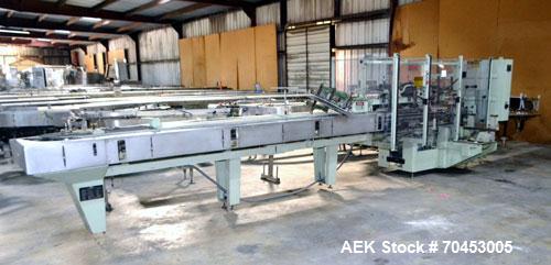 Used Jones Model CMV5 Semi-Automatic Tuck Vertical Cartoner. Machine is capable of speeds up to 120 cartons per minute. Has manual load station of 8' (both sides). Has 5" centers for a carton size ra...