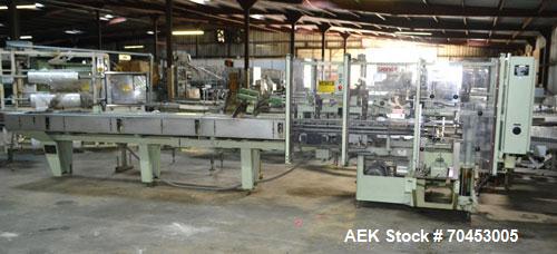 Used Jones Model CMV5 Semi-Automatic Tuck Vertical Cartoner. Machine is capable of speeds up to 120 cartons per minute. Has manual load station of 8' (both sides). Has 5" centers for a carton size ra...
