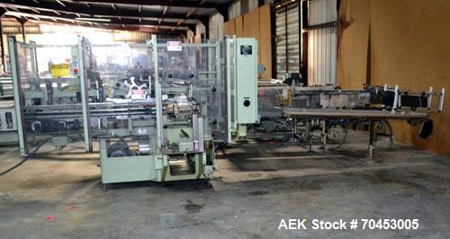 Used Jones Model CMV5 Semi-Automatic Tuck Vertical Cartoner. Machine is capable of speeds up to 120 cartons per minute. Has manual load station of 8' (both sides). Has 5" centers for a carton size ra...