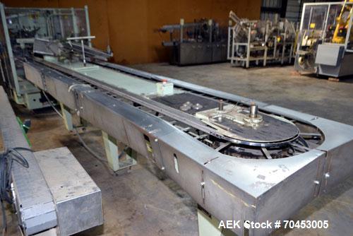 Used Jones Model CMV5 Semi-Automatic Tuck Vertical Cartoner. Machine is capable of speeds up to 120 cartons per minute. Has manual load station of 8' (both sides). Has 5" centers for a carton size ra...