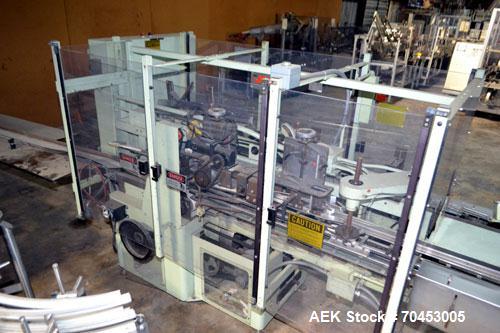 Used Jones Model CMV5 Semi-Automatic Tuck Vertical Cartoner. Machine is capable of speeds up to 120 cartons per minute. Has manual load station of 8' (both sides). Has 5" centers for a carton size ra...