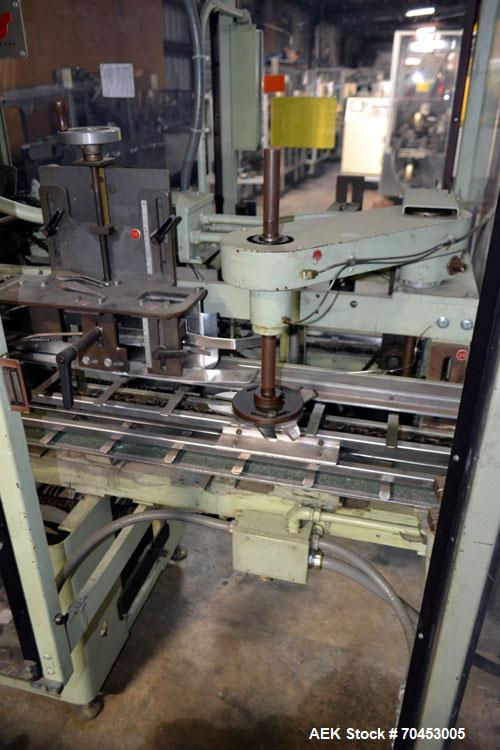 Used Jones Model CMV5 Semi-Automatic Tuck Vertical Cartoner. Machine is capable of speeds up to 120 cartons per minute. Has manual load station of 8' (both sides). Has 5" centers for a carton size ra...