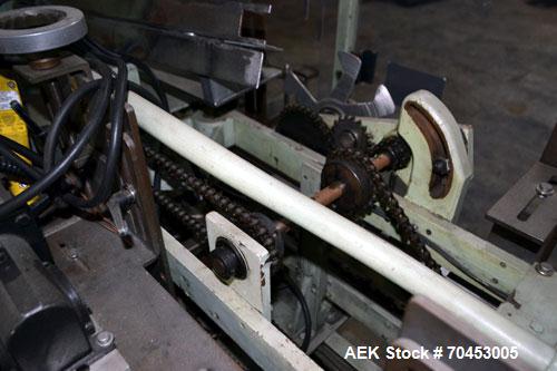 Used Jones Model CMV5 Semi-Automatic Tuck Vertical Cartoner. Machine is capable of speeds up to 120 cartons per minute. Has manual load station of 8' (both sides). Has 5" centers for a carton size ra...
