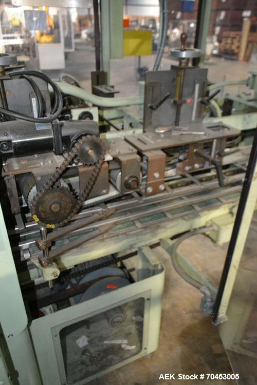 Used Jones Model CMV5 Semi-Automatic Tuck Vertical Cartoner. Machine is capable of speeds up to 120 cartons per minute. Has manual load station of 8' (both sides). Has 5" centers for a carton size ra...
