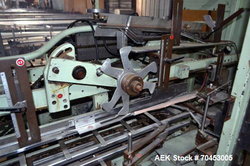 Used Jones Model CMV5 Semi-Automatic Tuck Vertical Cartoner. Machine is capable of speeds up to 120 cartons per minute. Has manual load station of 8' (both sides). Has 5" centers for a carton size ra...