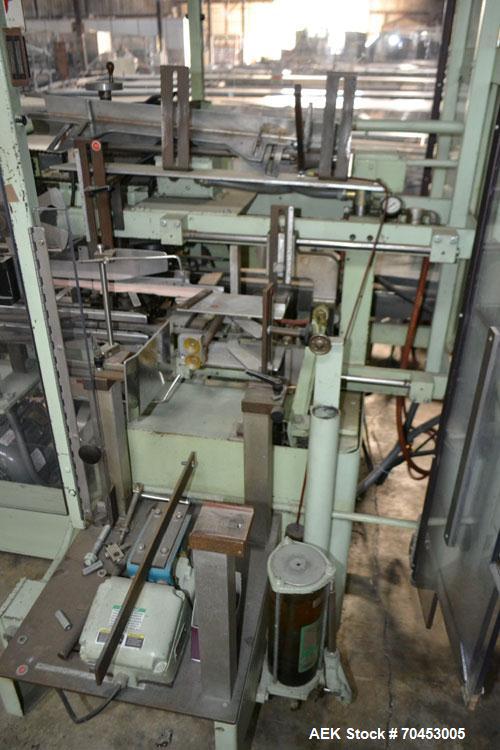 Used Jones Model CMV5 Semi-Automatic Tuck Vertical Cartoner. Machine is capable of speeds up to 120 cartons per minute. Has manual load station of 8' (both sides). Has 5" centers for a carton size ra...