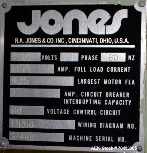 Used Jones Model CMV5 Semi-Automatic Tuck Vertical Cartoner. Machine is capable of speeds up to 120 cartons per minute. Has manual load station of 8' (both sides). Has 5" centers for a carton size ra...