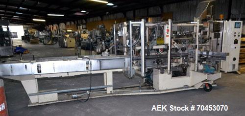 Used Jones Model CMV5 Semi-Automatic Tuck Vertical Cartoner. Machine is capable of speeds up to 120 cartons per minute. Has manual load station of 8' (both sides). Has 5" centers for a carton size ra...