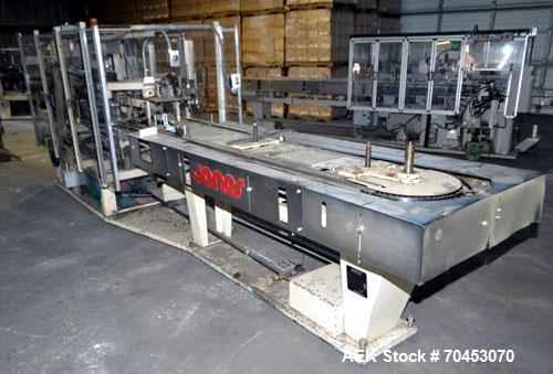 Used Jones Model CMV5 Semi-Automatic Tuck Vertical Cartoner. Machine is capable of speeds up to 120 cartons per minute. Has manual load station of 8' (both sides). Has 5" centers for a carton size ra...