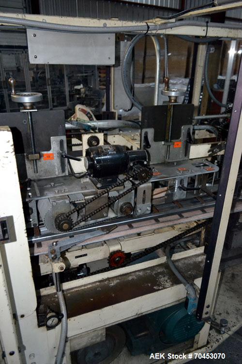 Used Jones Model CMV5 Semi-Automatic Tuck Vertical Cartoner. Machine is capable of speeds up to 120 cartons per minute. Has manual load station of 8' (both sides). Has 5" centers for a carton size ra...