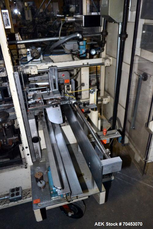 Used Jones Model CMV5 Semi-Automatic Tuck Vertical Cartoner. Machine is capable of speeds up to 120 cartons per minute. Has manual load station of 8' (both sides). Has 5" centers for a carton size ra...