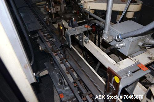 Used Jones Model CMV5 Semi-Automatic Tuck Vertical Cartoner. Machine is capable of speeds up to 120 cartons per minute. Has manual load station of 8' (both sides). Has 5" centers for a carton size ra...