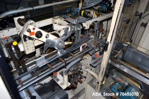 Used Jones Model CMV5 Semi-Automatic Tuck Vertical Cartoner. Machine is capable of speeds up to 120 cartons per minute. Has manual load station of 8' (both sides). Has 5" centers for a carton size ra...